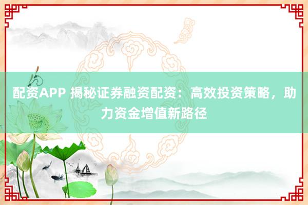 配资APP 揭秘证券融资配资：高效投资策略，助力资金增值新路径